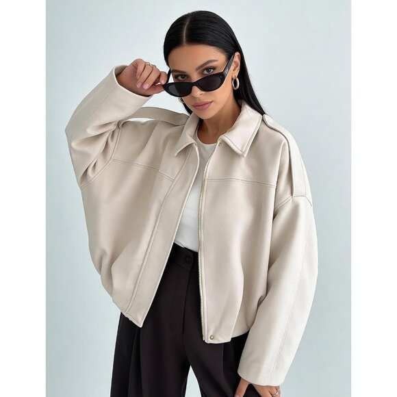 Women's Faux Suede Bomber Jacket Oversized Long Sleeve Zip Up Cropped Beige - Picture 4 of 6